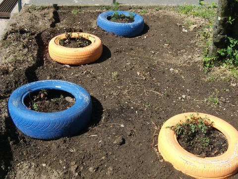 Reutilização de pneus para colocar flores e plantas aromáticas