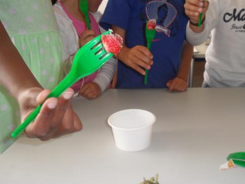 Degustação de morangos – Os alunos colheram e degustaram os primeiros morangos da horta.