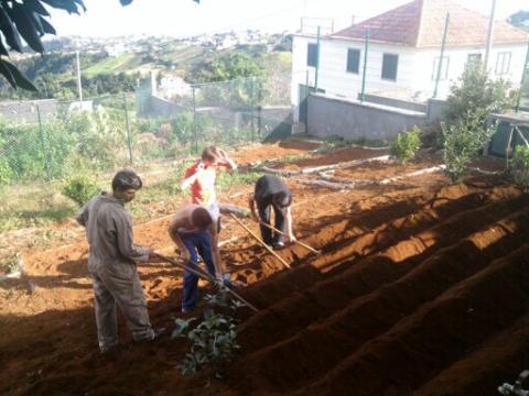 Preparação do terreno por parte de alguns alunos do curso Produção Agrícola.