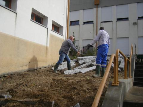 A ajuda dos funcionários para a construção dos socalcos.