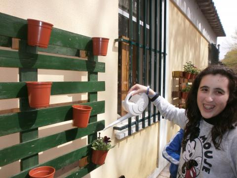 Os alunos da Educação Especial criaram a sua horta vertical com paletes e vasos na oficina de ciências naturais.