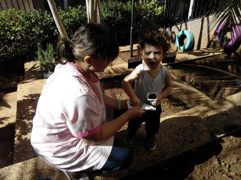 A criança está a plantar em copos de iogurte sementes de pimentos.