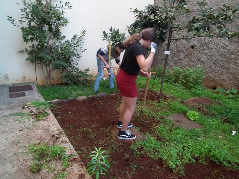 Alunos do Clube Eco a preparar o solo para receber novas hortícolas.