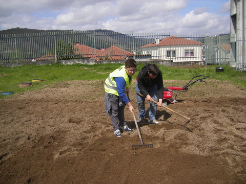 Os alunos do Clube Eco-Escolas a ajudar na preparação do terreno para a horta.