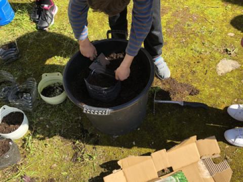 As crianças colocaram a terra no recipiente de plástico - usamos garrafões de água inetulizavéis