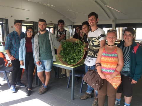 Turma 9ºJ, no ato de entrega dos espinafres à cantina da Escola