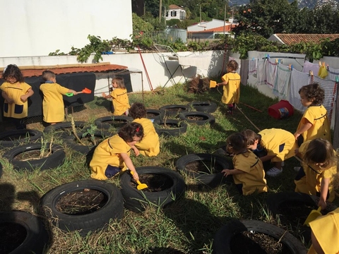 As crianças a realizarem a manutenção inicial da horta.
