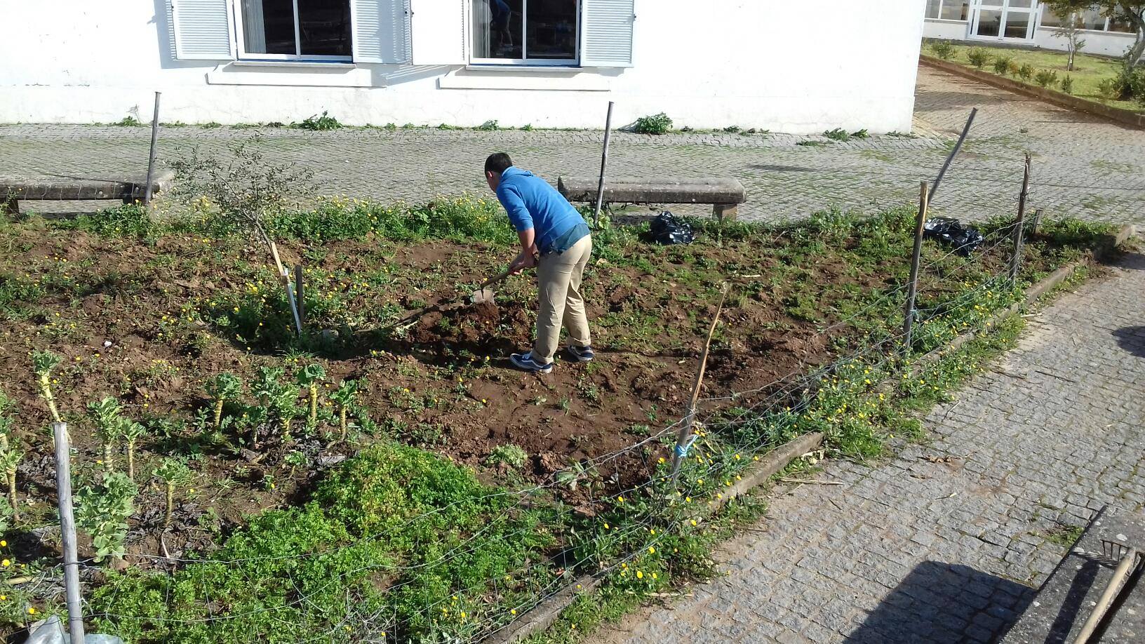 Aluno que coordena todas as atividades da horta a iniciar a preparação do terreno,