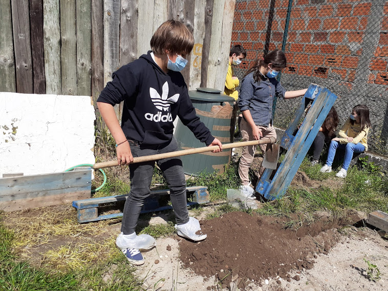 Os alunos preparam o terreno e colocam paletes para a vedação da horta.