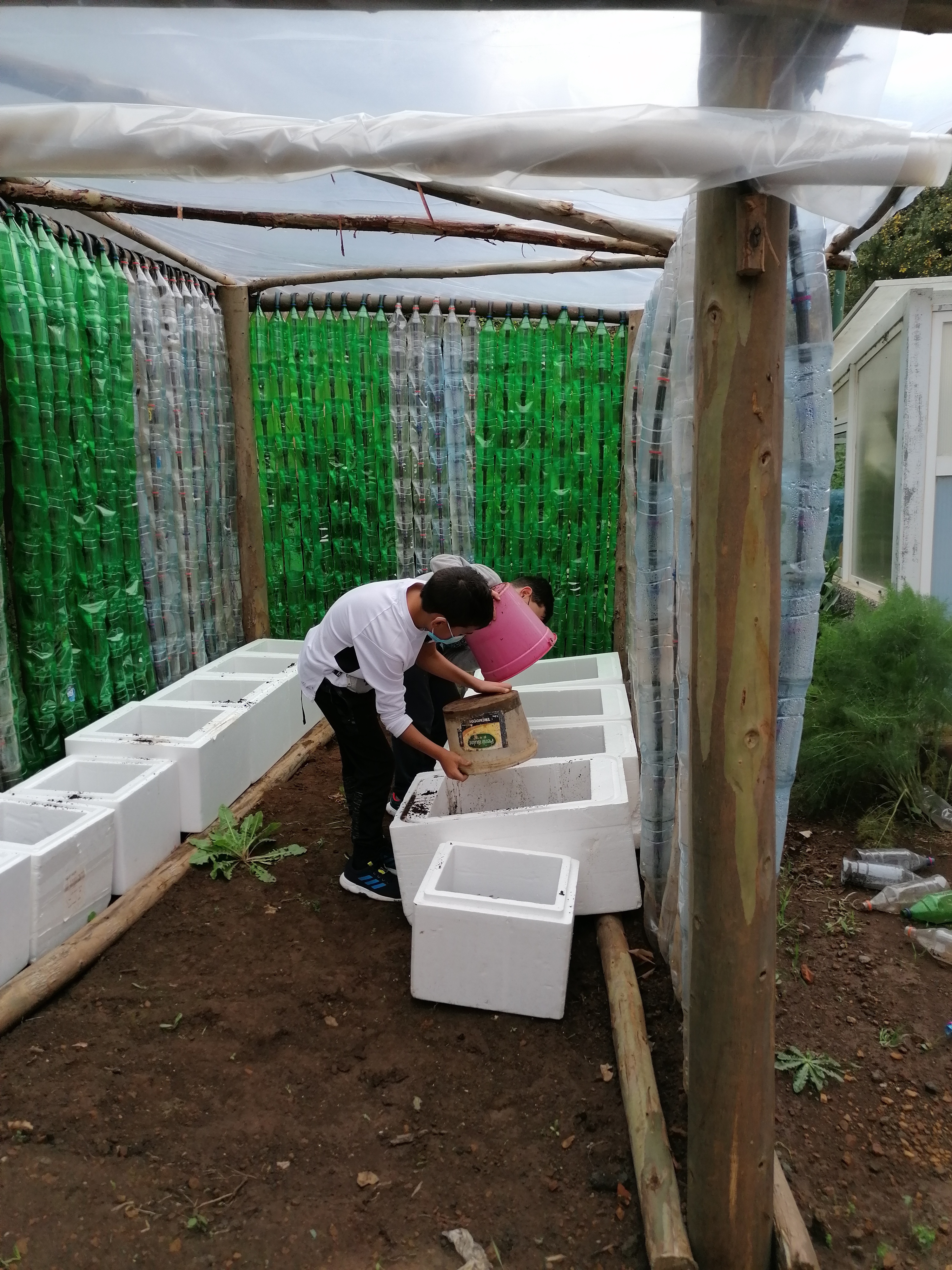 Preparação do terreno 

Foram reutilizadas caixas de esferovite para fazermos a plantação. Retiramos terra de uma zona dos nossos jardins para encher as caixas.