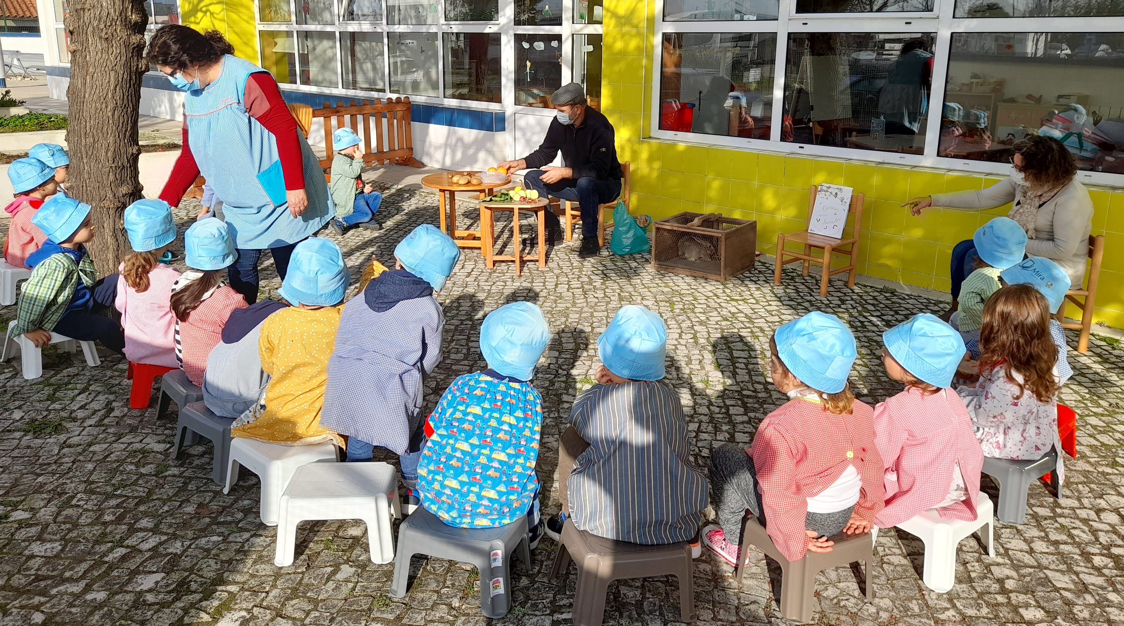 Dia da agricultura na escola: Engenheiro agrário da Assoc. de Pais dinamiza sessões lúdicas e práticas com as turmas sobre os ingredientes da sopa, mostra alguns aninais da quinta e dirige plantação ao ar livre.