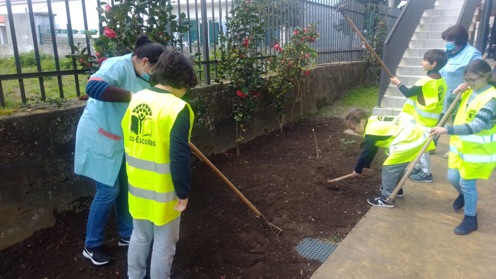 Preparação do terreno da horta pelos alunos da brigada eco-escolas e apoio de assistentes operacionais.