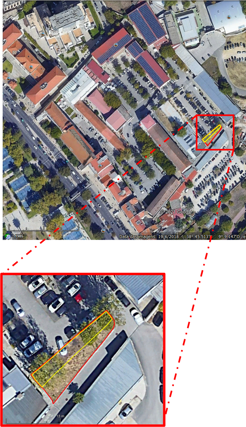 área e local de implementação do projeto da horta biológica, que se situa na parte Este do campus da Universidade Lusófona de Lisboa,  num terreno abandonado com160 m2.  O projeto irá ter duas fases, este ano será 1 fase -  revitalização de 76 m2.