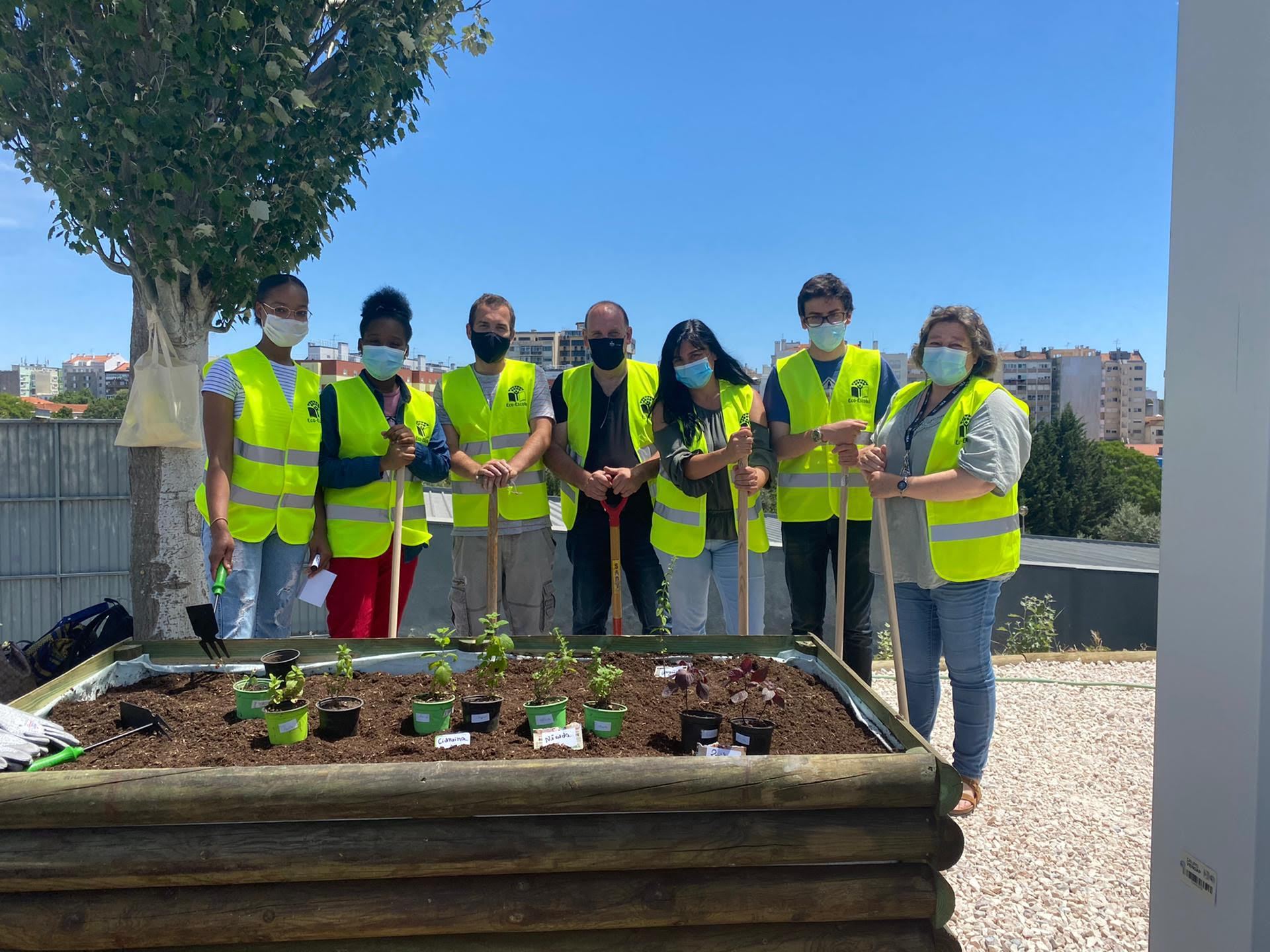 Equipa de professores e alunos preparados para a plantação.