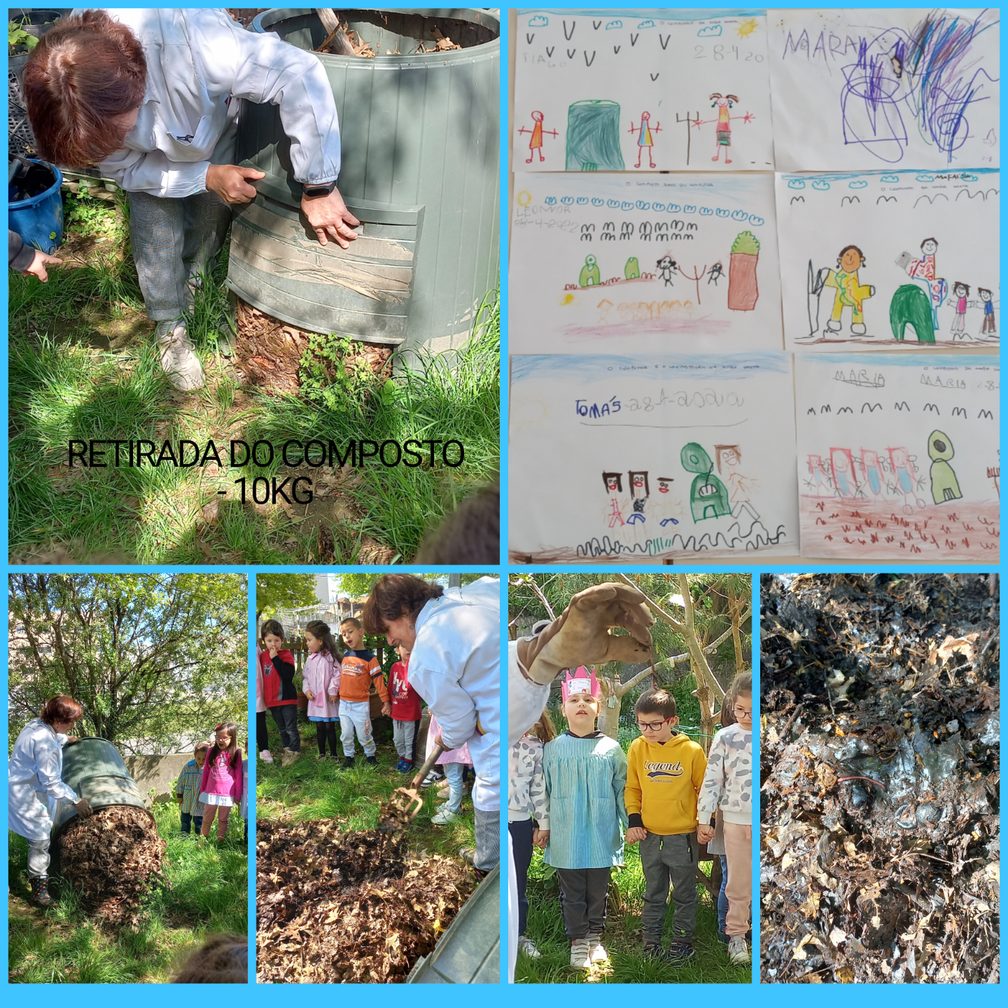 Depois de 5 meses , o composto está pronto para sair do compostor. depois de repousar uns dias irá adubar a horta. o registo documenta o envolvimento dos alunos