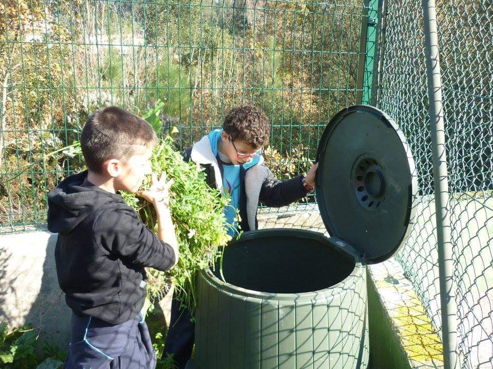 Dinamização do compostor da nossa quinta - colocação de erva arrancada de dentro da estufa para fazer adubo orgânico.