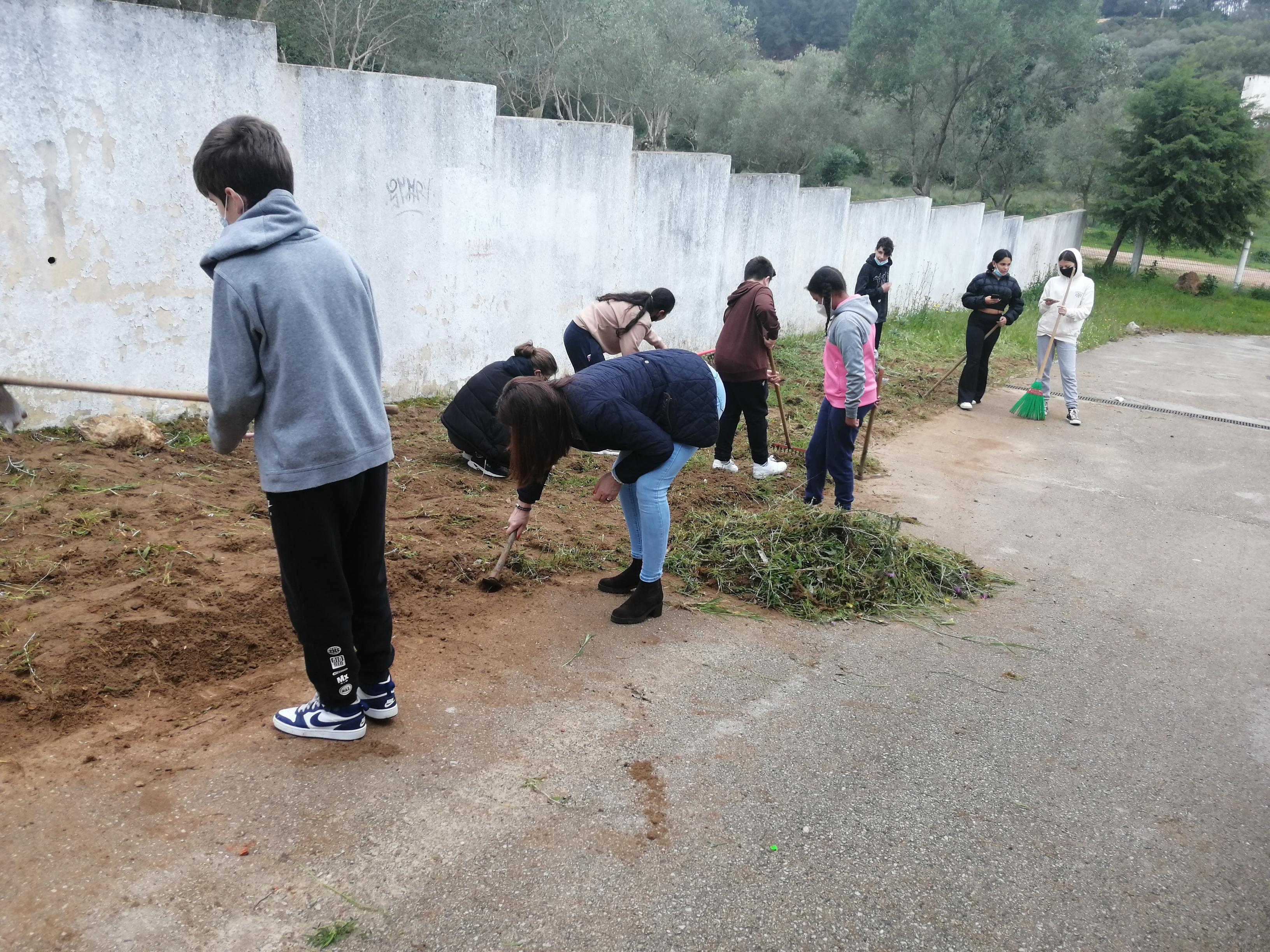 1ª fase da horta-retirada de ervas daninhas  com ajuda da professora de Física e Química