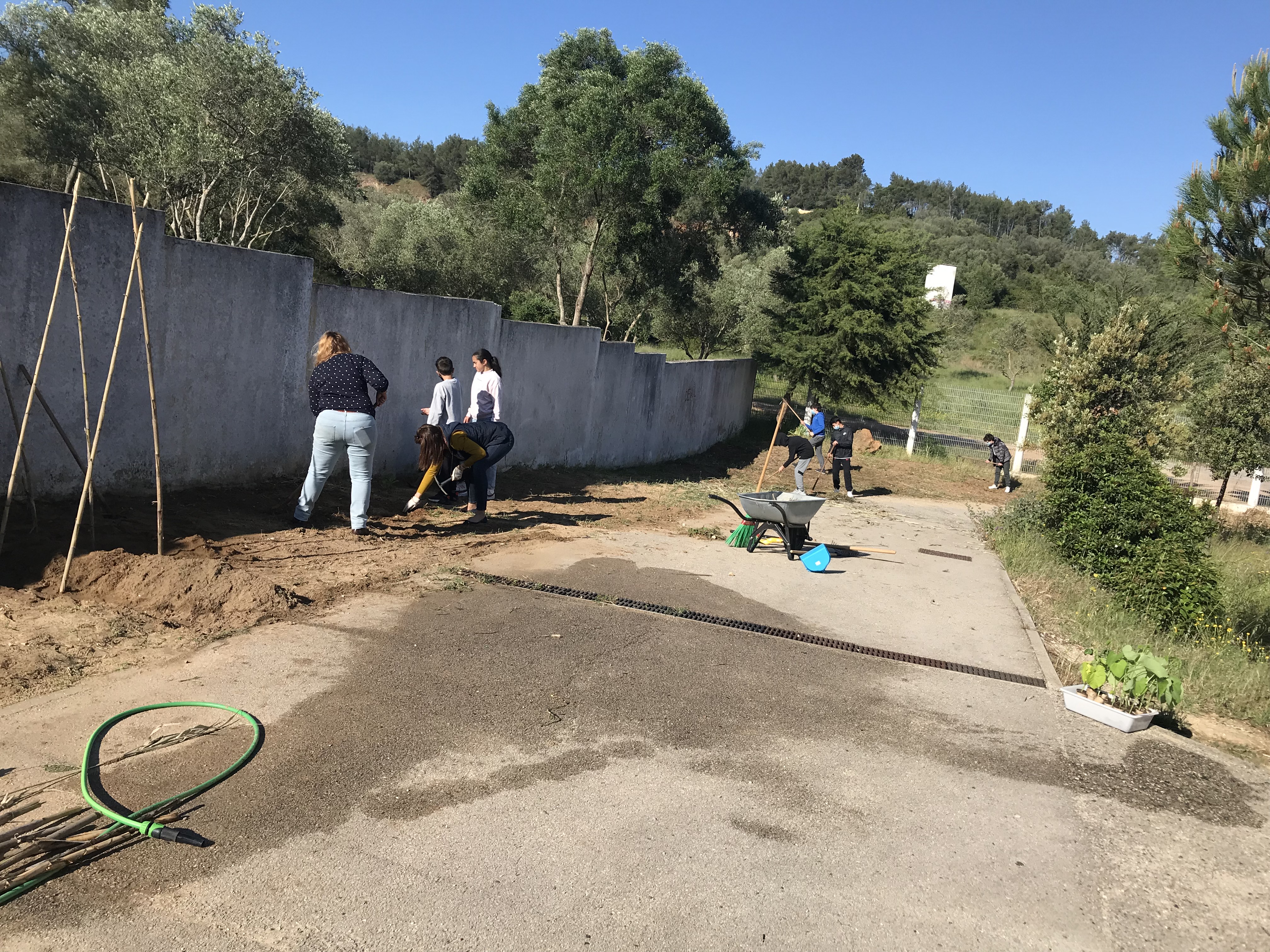 Manutenção da horta com a ajuda da professora de Ciências Naturais