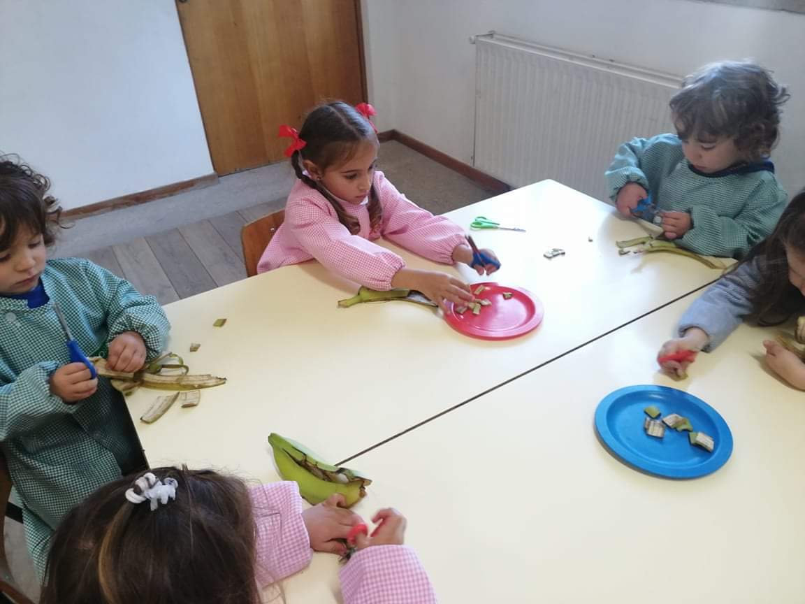 Trabalho realizado pelas crianças do pré Escolar para fertilizar a nossa terra, cortar cascas de bananas para colocar na horta.