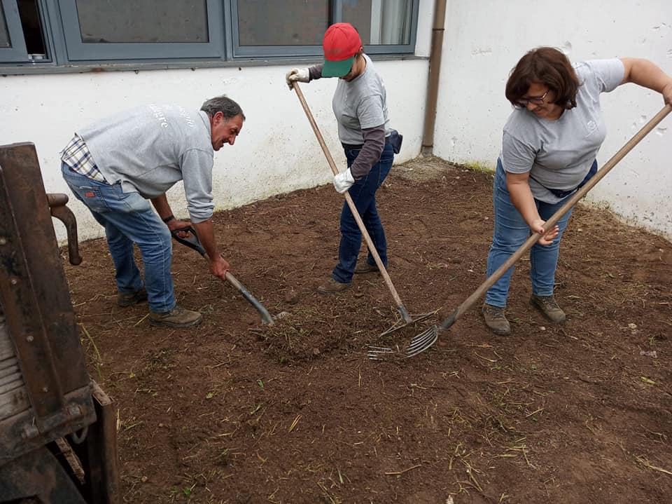 Preparação do solo.
O solo do espaço escolhido era muito duro e tinha imensas ervas. Pediu-se apoio à Câmara Municipal e à Junta de Freguesia, que disponibilizaram material e mão-de-obra para trabalhar a terra.