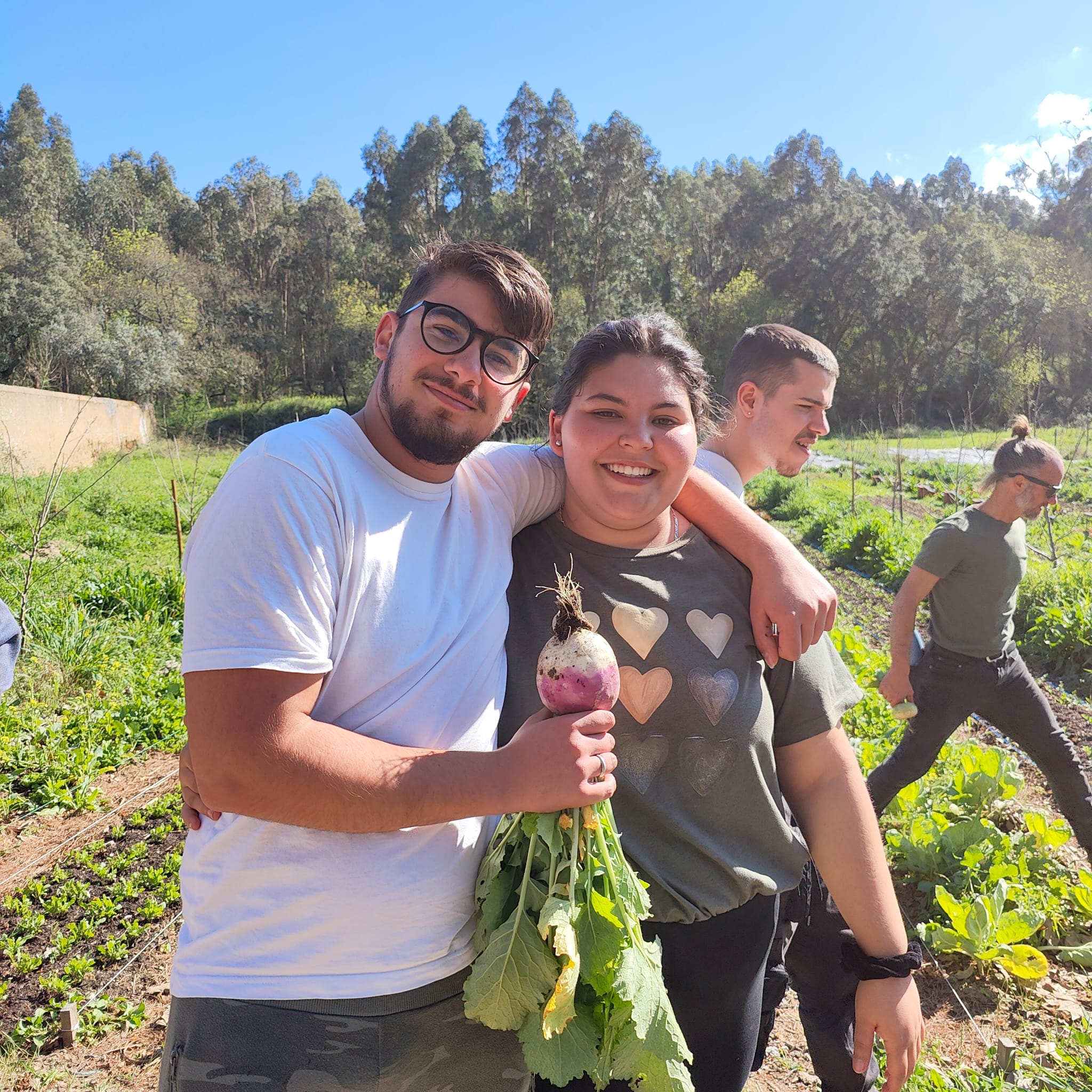 Contacto com desenho da horta, consociações e sistemas de rega por aspersão , no decorrer da visita de estudo ao projeto Hortas da Raínha, visando o contacto com exemplo de Horta Regenerativa e Biodinâmica.