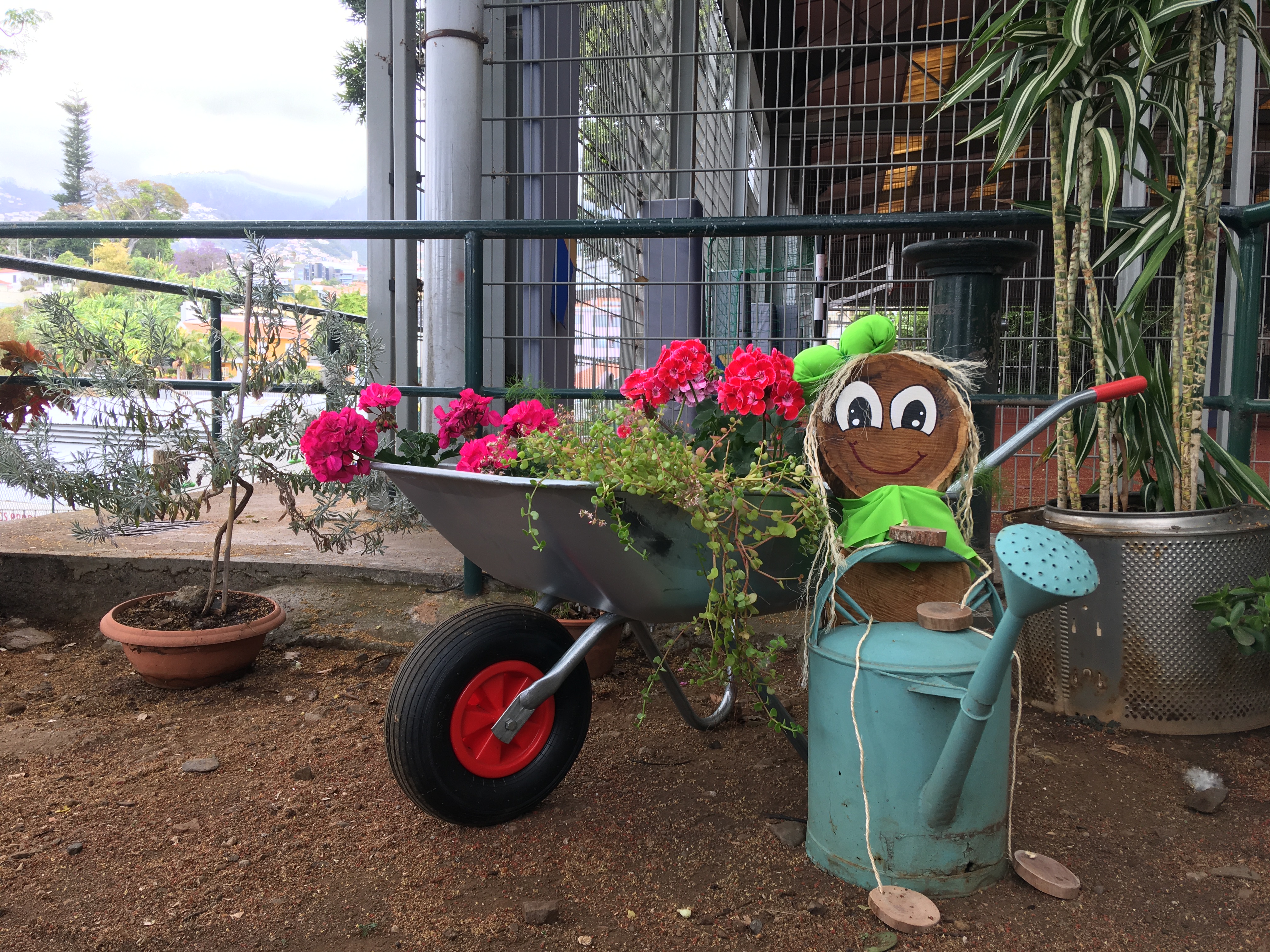 A zona da bio-horta está sempre embelezada com flores e outros artefatos.