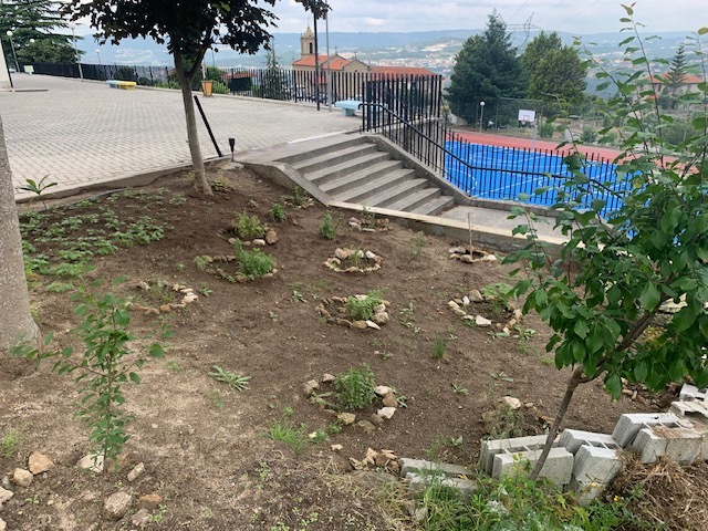 Zona exterior com plantas aromáticas: alecrim, loureiro, erva príncipe, oregãos, tomilho, salsa, hortelã e rosmaninho.