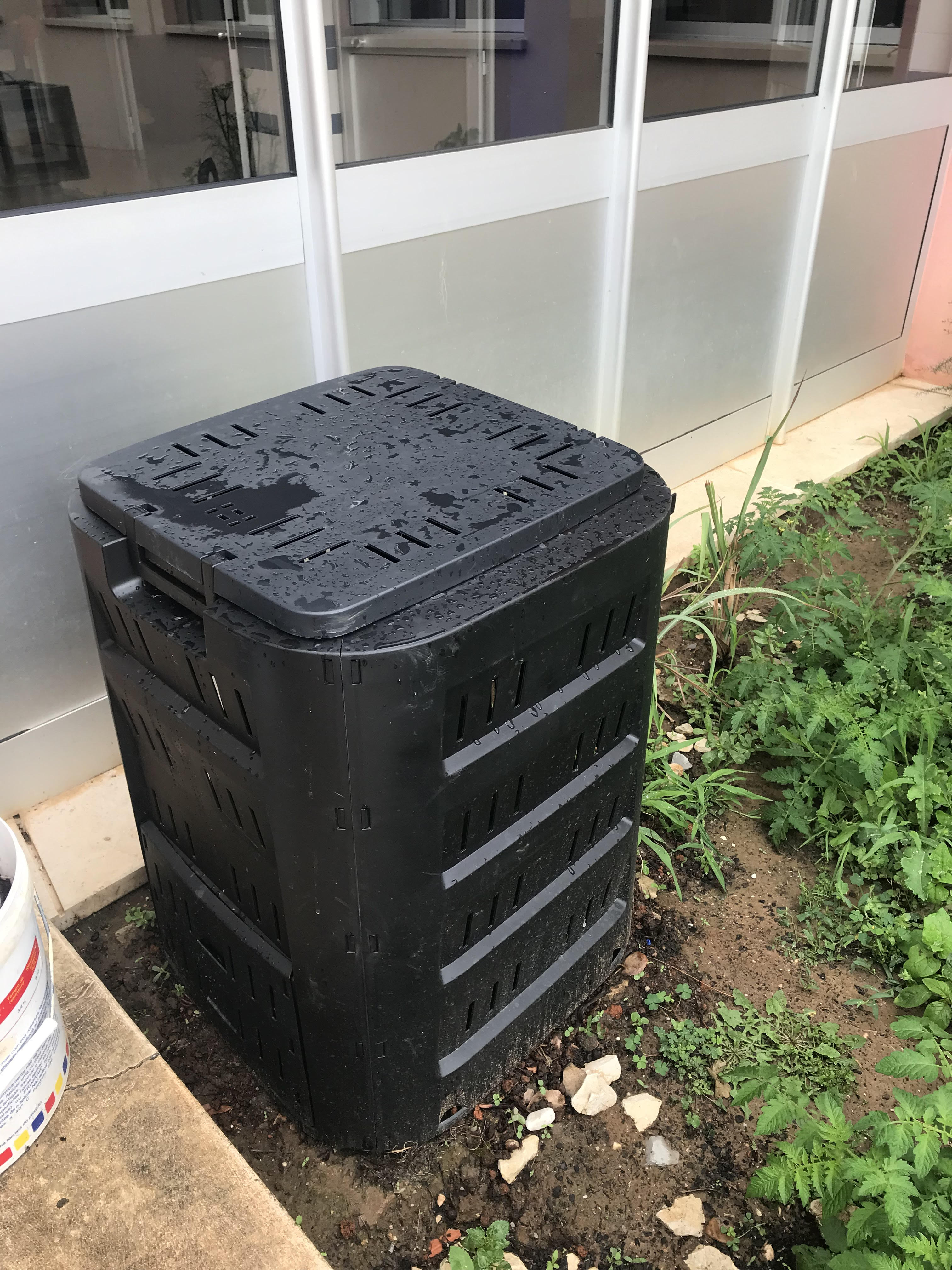 Compostor - colocação de restos da preparação da comida da cantina, cascas e caroços da fruta consumida pelos alunos e ervas resultantes da limpeza da horta