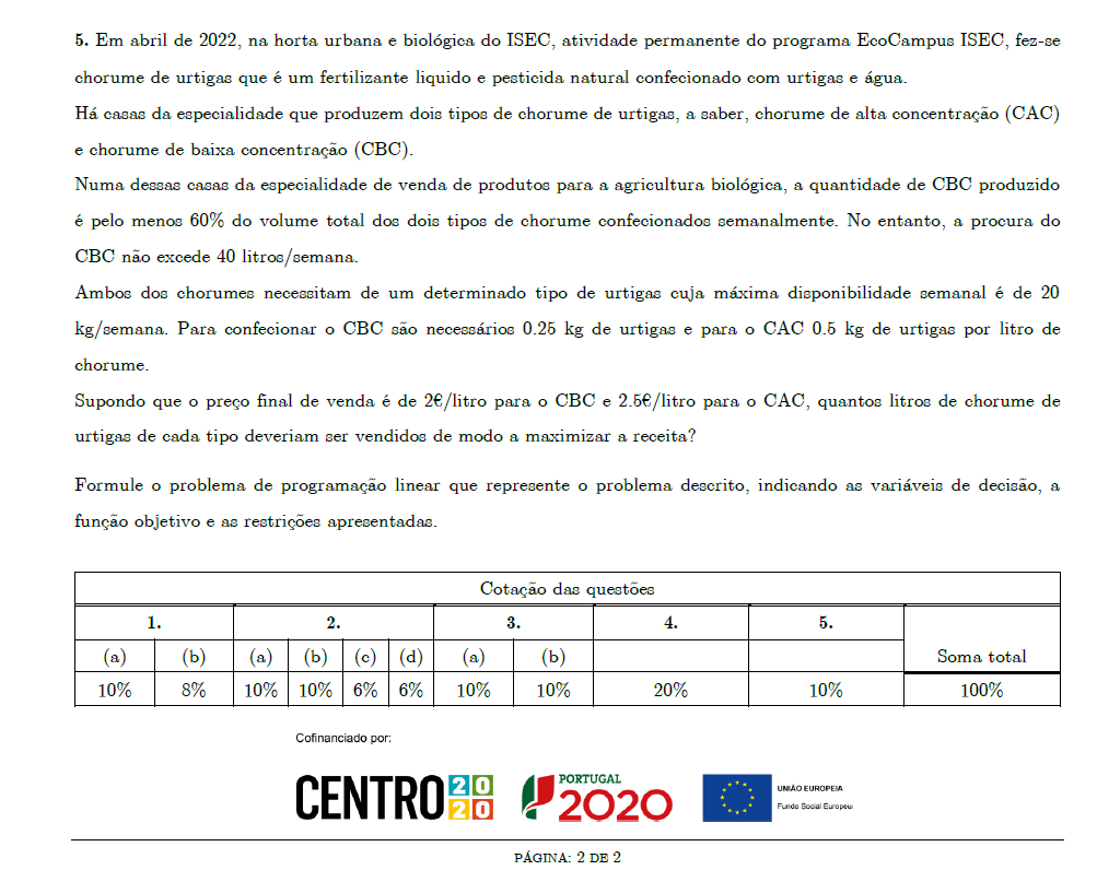 Problema de programação linear sobre chorume de urtigas aplicado na Horta Urbana e Bio do ISEC