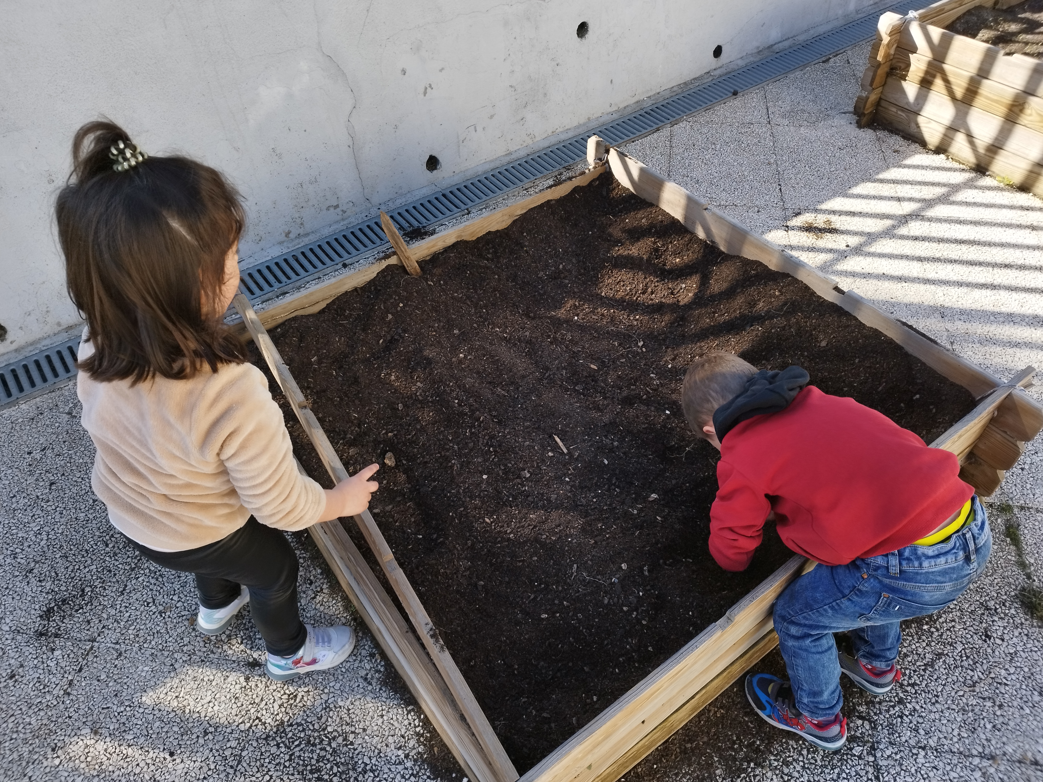 Alunos da Educação Pré-Escolar a remexer a terra para a sementeira/ plantação.