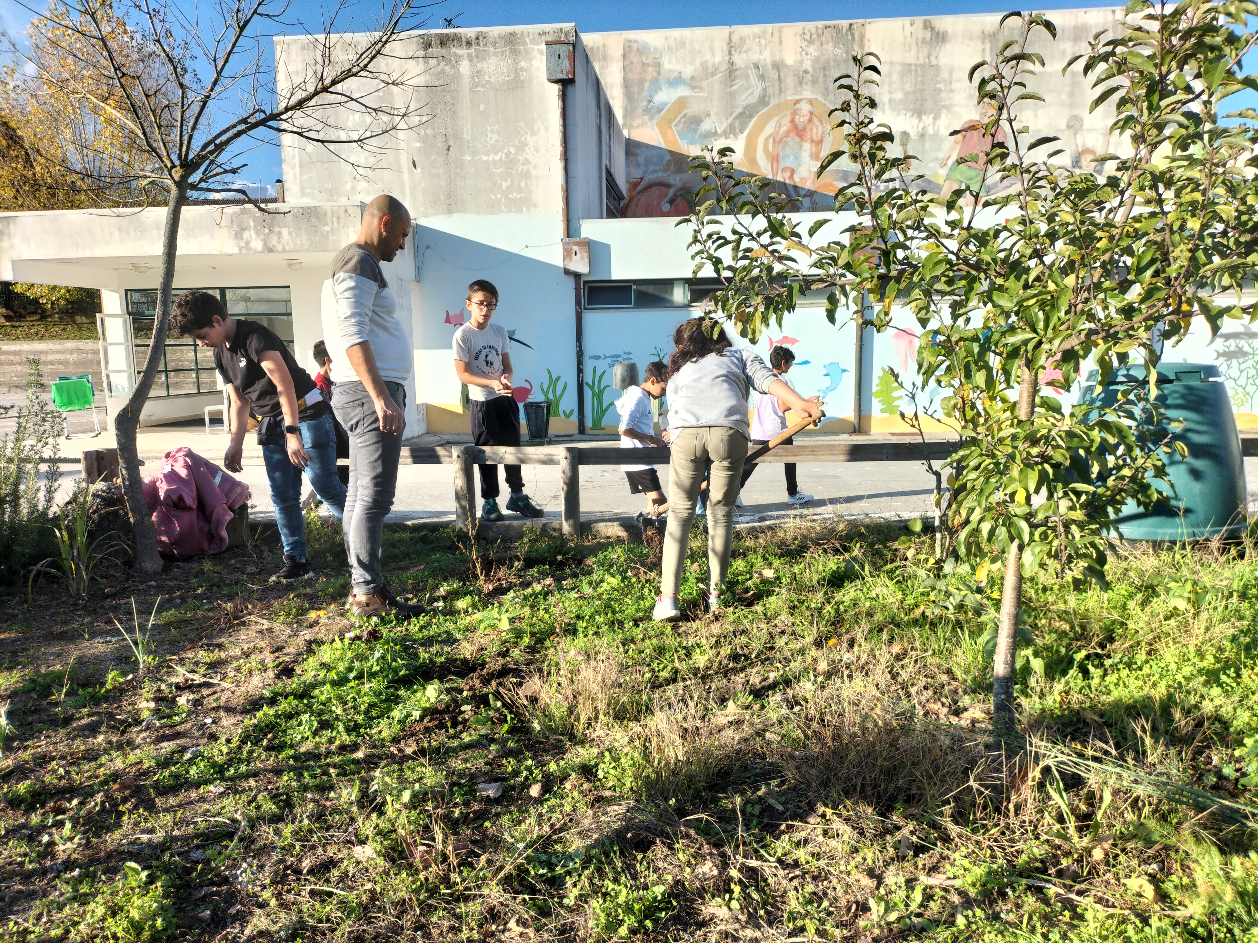 Início da limpeza da horta das ervas daninhas.
Os alunos retiraram as ervas para preparar a terra para as sementeiras.