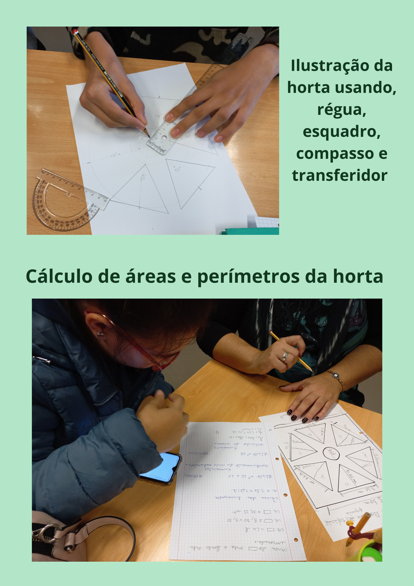 Ilustração da horta utilizando régua, esquadro, compasso e transferidor. 
Cálculo de áreas e perímetros da horta.