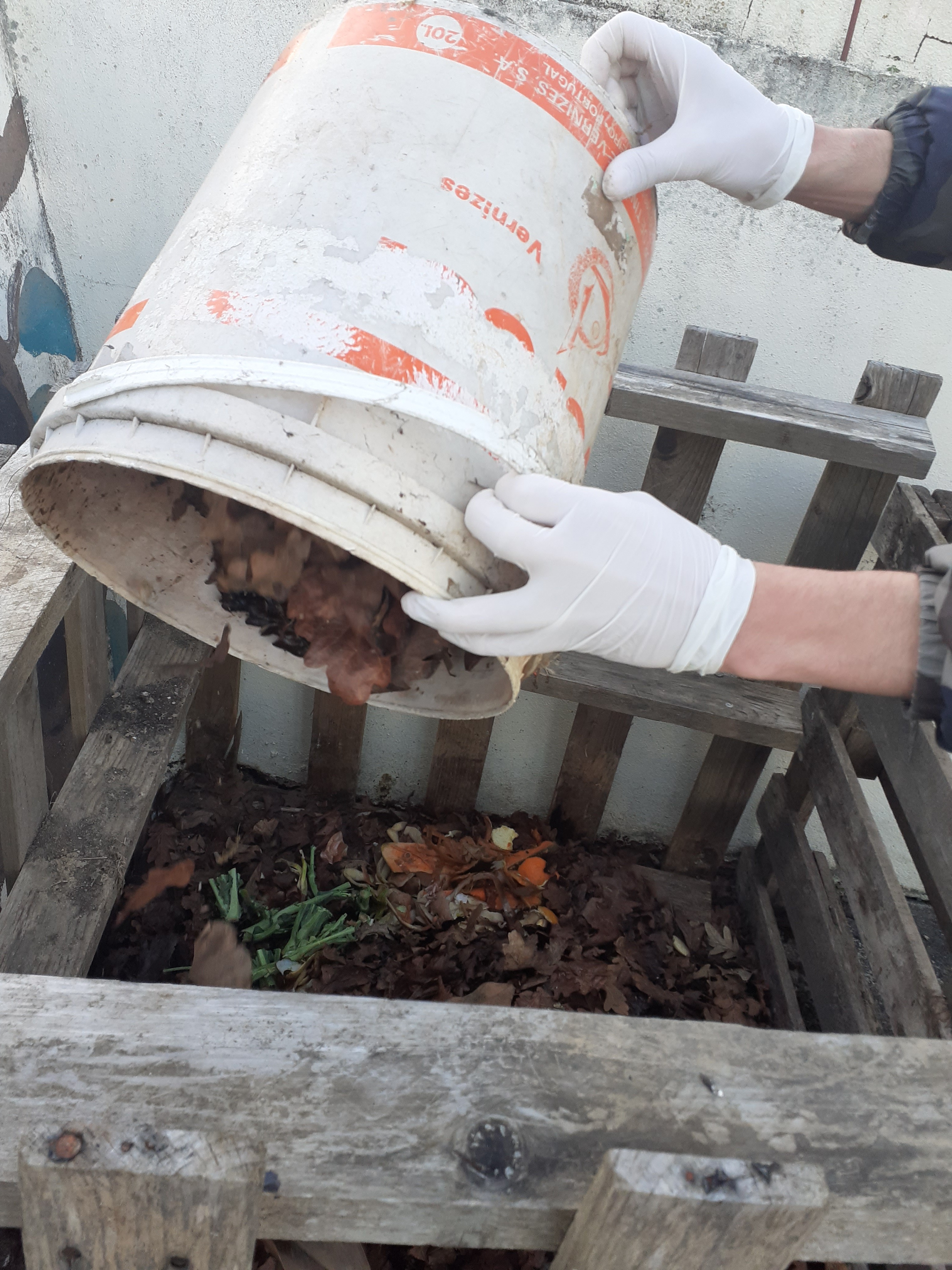 Fomos engordando o nosso compostor, aproveitando para intercalar com a matéria seca (folhas) que ainda se encontravam no recinto escolar!
