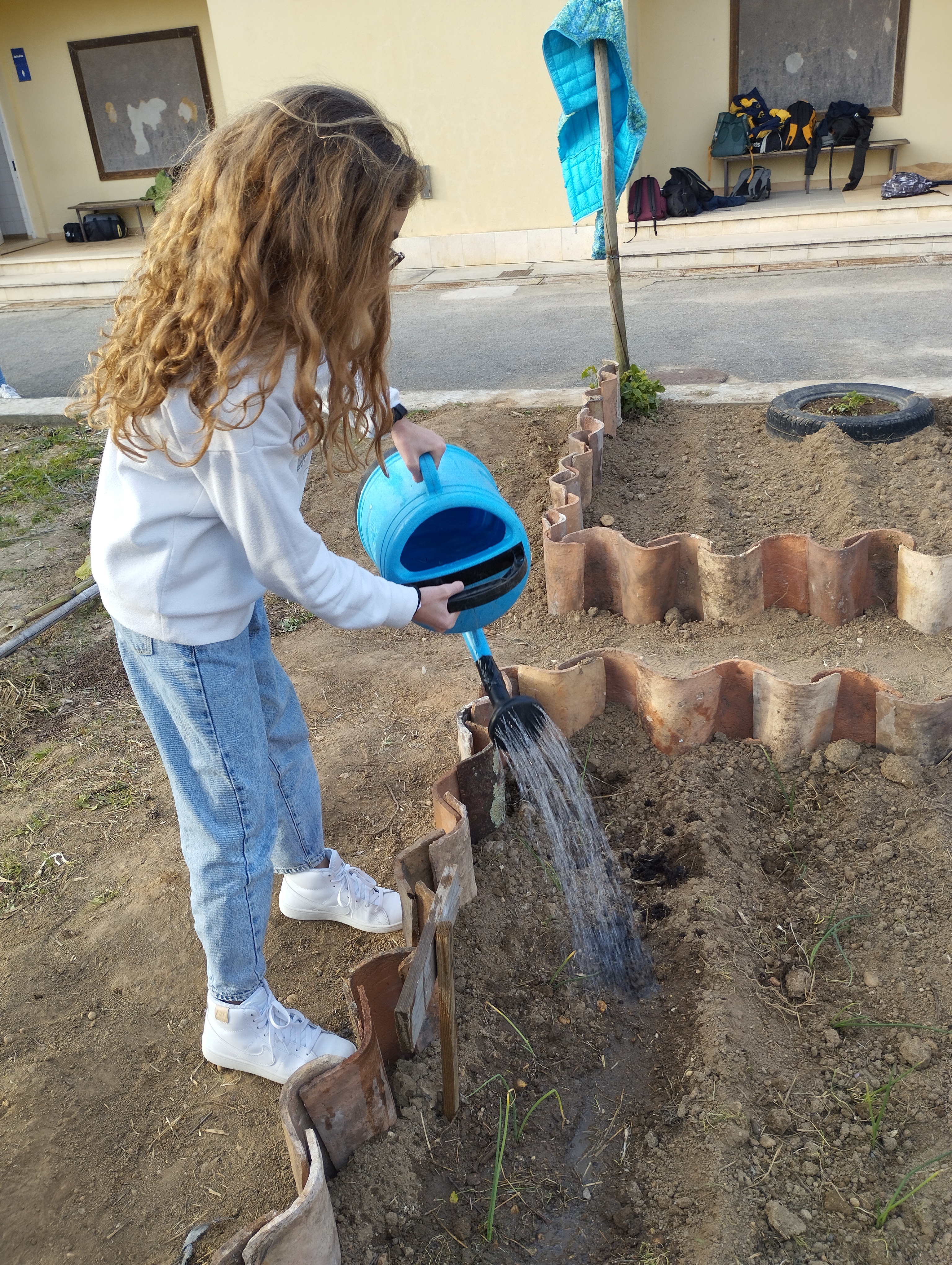 Alunos a fazerem a rega