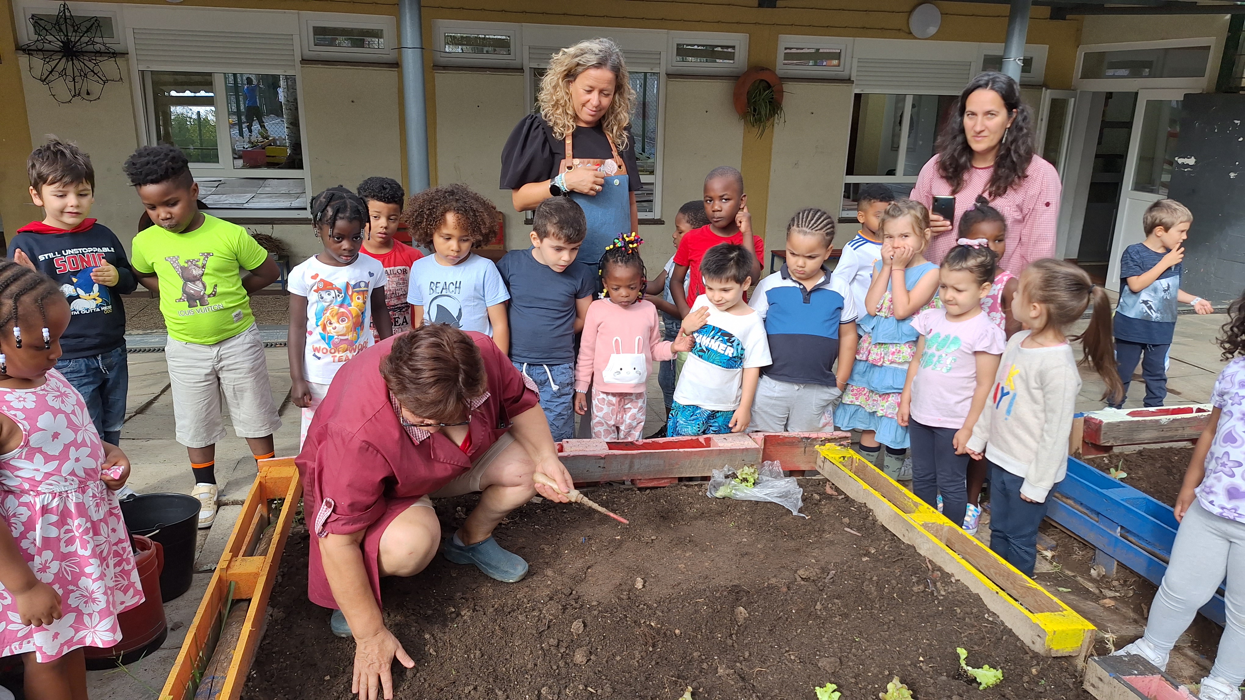 Alunos do pré-escolar participam na plantação da horta pedagógica.