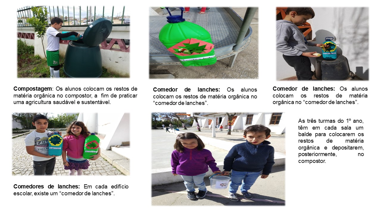 Compostagem e Comedor de lanches: Os alunos colocam os restos de matéria orgânica nos "comedores de lanches", a fim de os depositarem no compostor, praticando desta forma uma agricultura saudável e sustentável.
