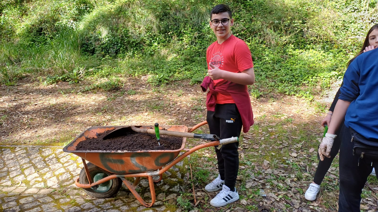 Aluno a transportar composto para a horta.