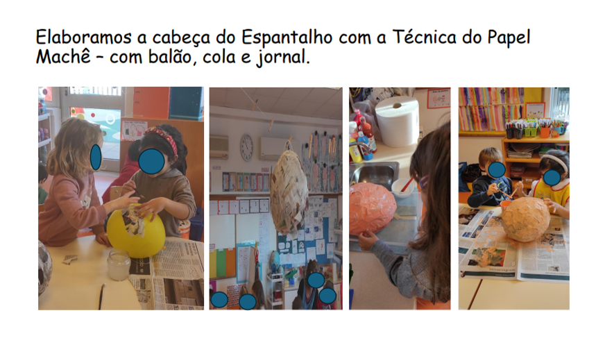 Elaboração da cabeça do espantalho pelos aluno utilizando técnica do papel Machê
