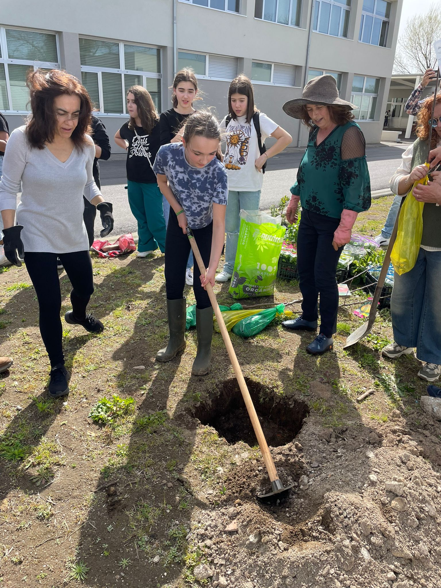 Plantação de árvores de fruto (2 macieiras, 2 pereiras, 1 clementina) - comemoração do Dia da Árvore. Com o apoio do Conselho Eco Escolas, Associação de Estudantes e Junta de Freguesia.