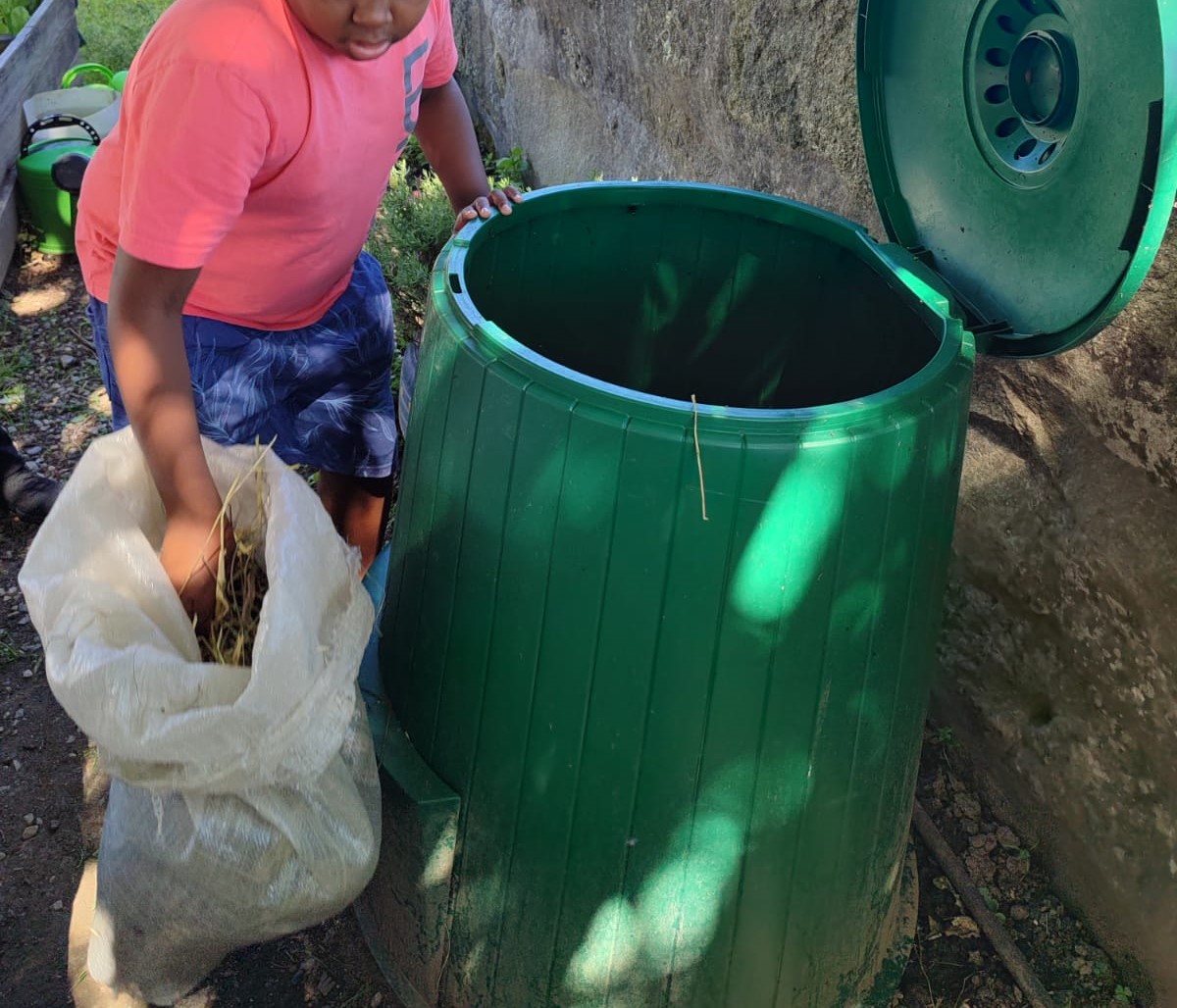 Semanalmente, a brigada da compostagem verifica o compostor e coloca secos.