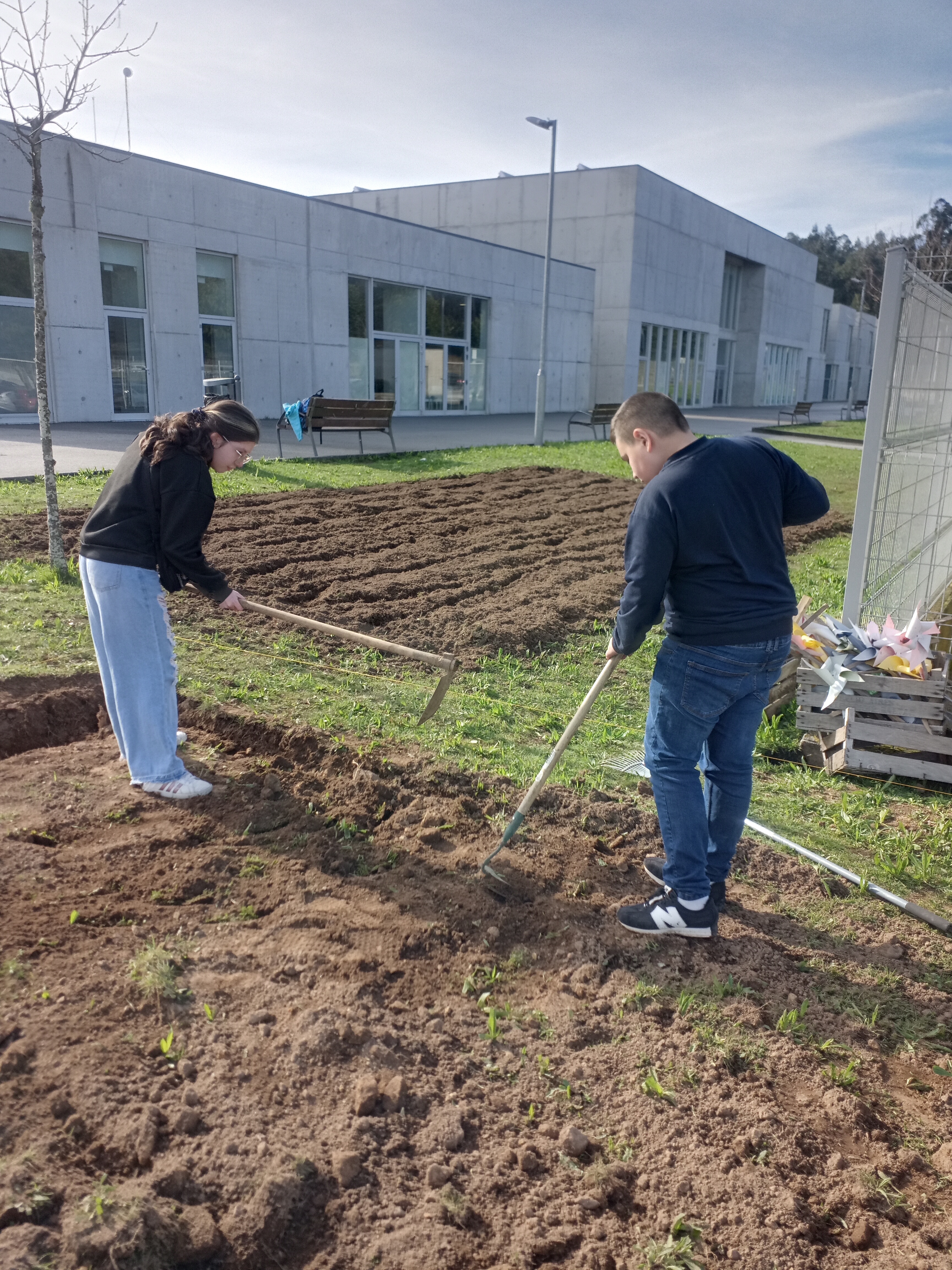 Preparação do terreno para cultivo, pelos alunos com Adequações Curriculares Significativas.