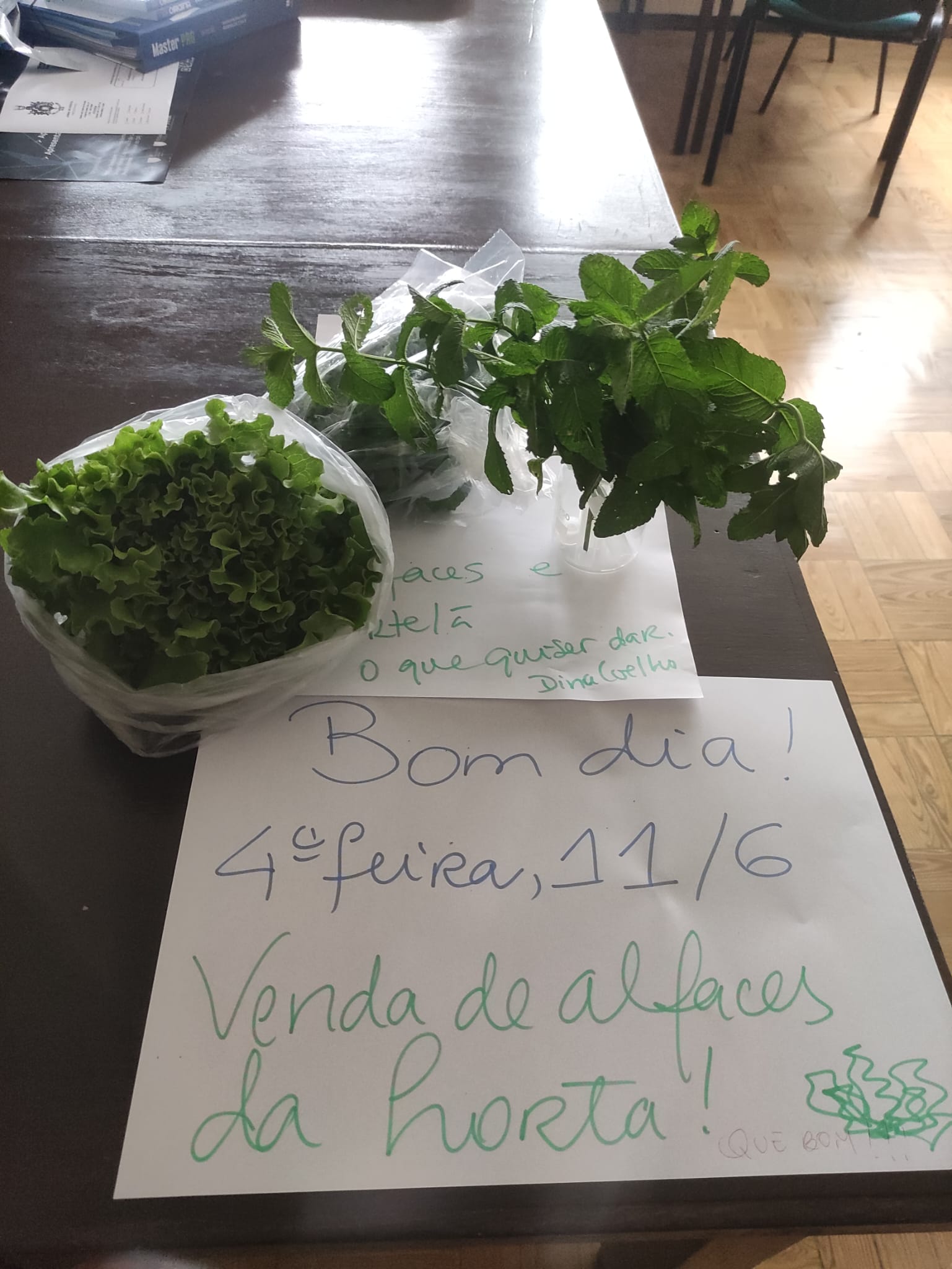 Venda de alfaces e hortelã na sala dos professores.