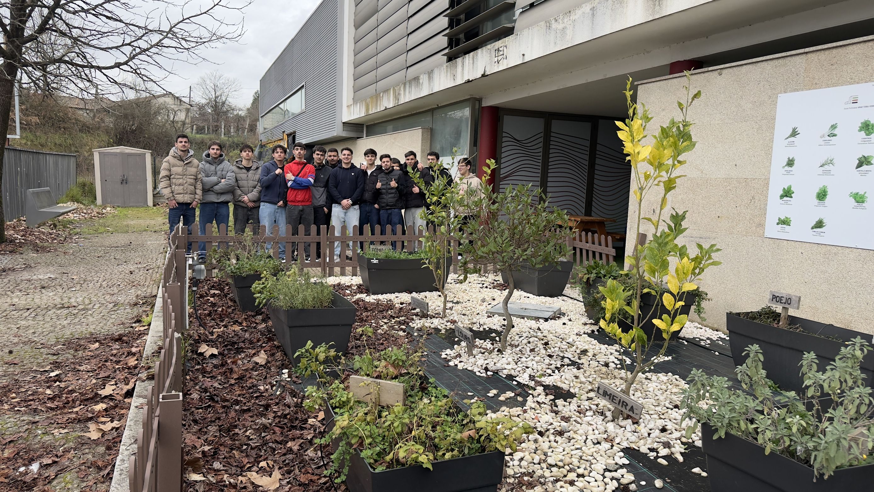 Visita dos alunos ao Jardim de aromáticas para verificar as tarefas que têm de realizar após os imensos dias de chuva.