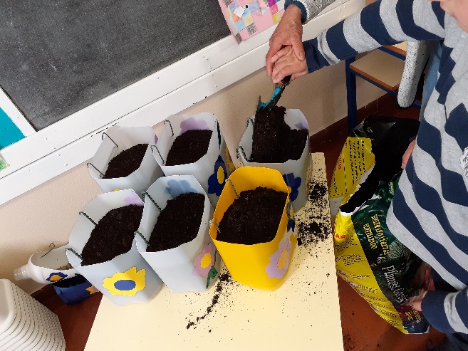Colocação de pedra e terra nos vasos (articulação entre as turmas de 1º ano e 4ºano).- Horta Vertical