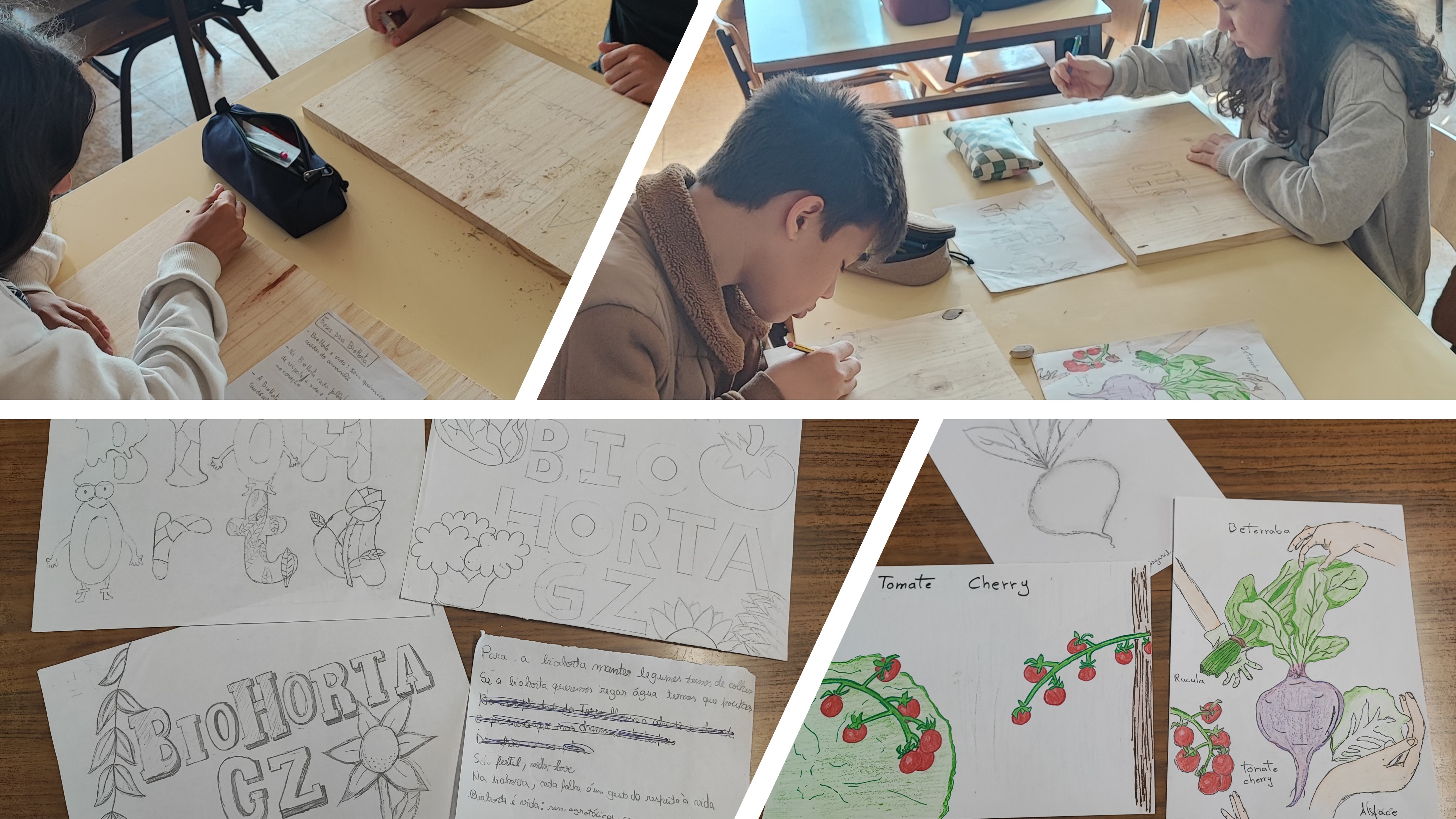Os alunos fizeram desenhos e frases sobre a BioHorta para escrever e desenhar em placas de madeira que decorarão a BioHorta.