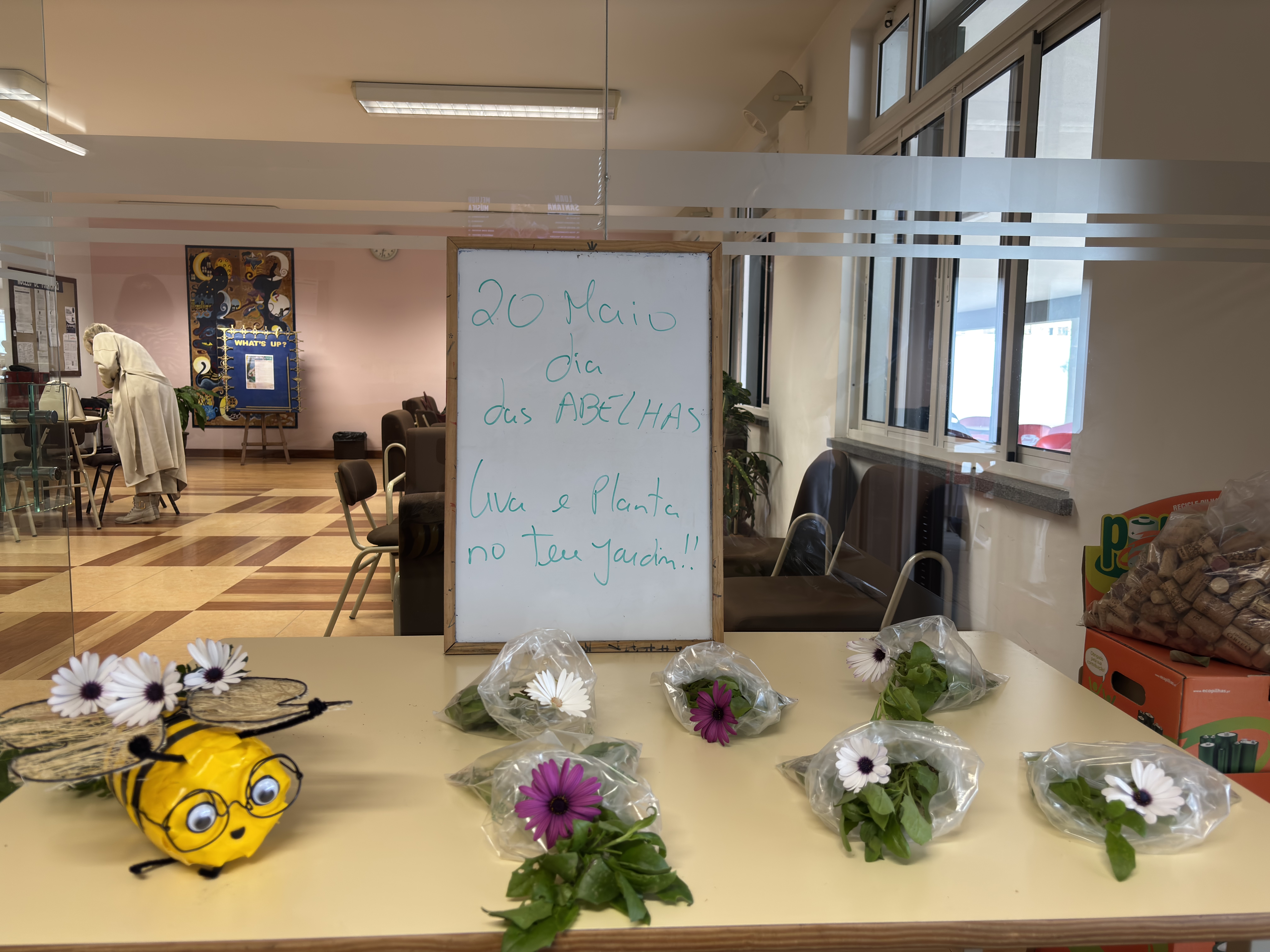 No dia das abelhas oferecemos flores para plantar.