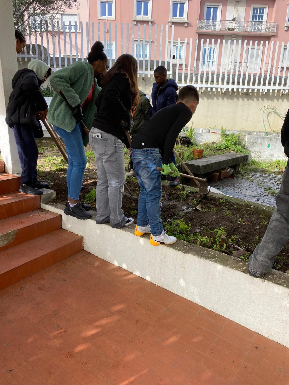 Horta do Jardim de Infância - Durante o mês de dezembro os alunos do 2.º ciclo, a titulo de voluntariado, iniciaram a limpeza de canteiros do Jardim de Infância que serão utilizados como uma segunda horta. Esta fotografia mostra o Canteiro 1