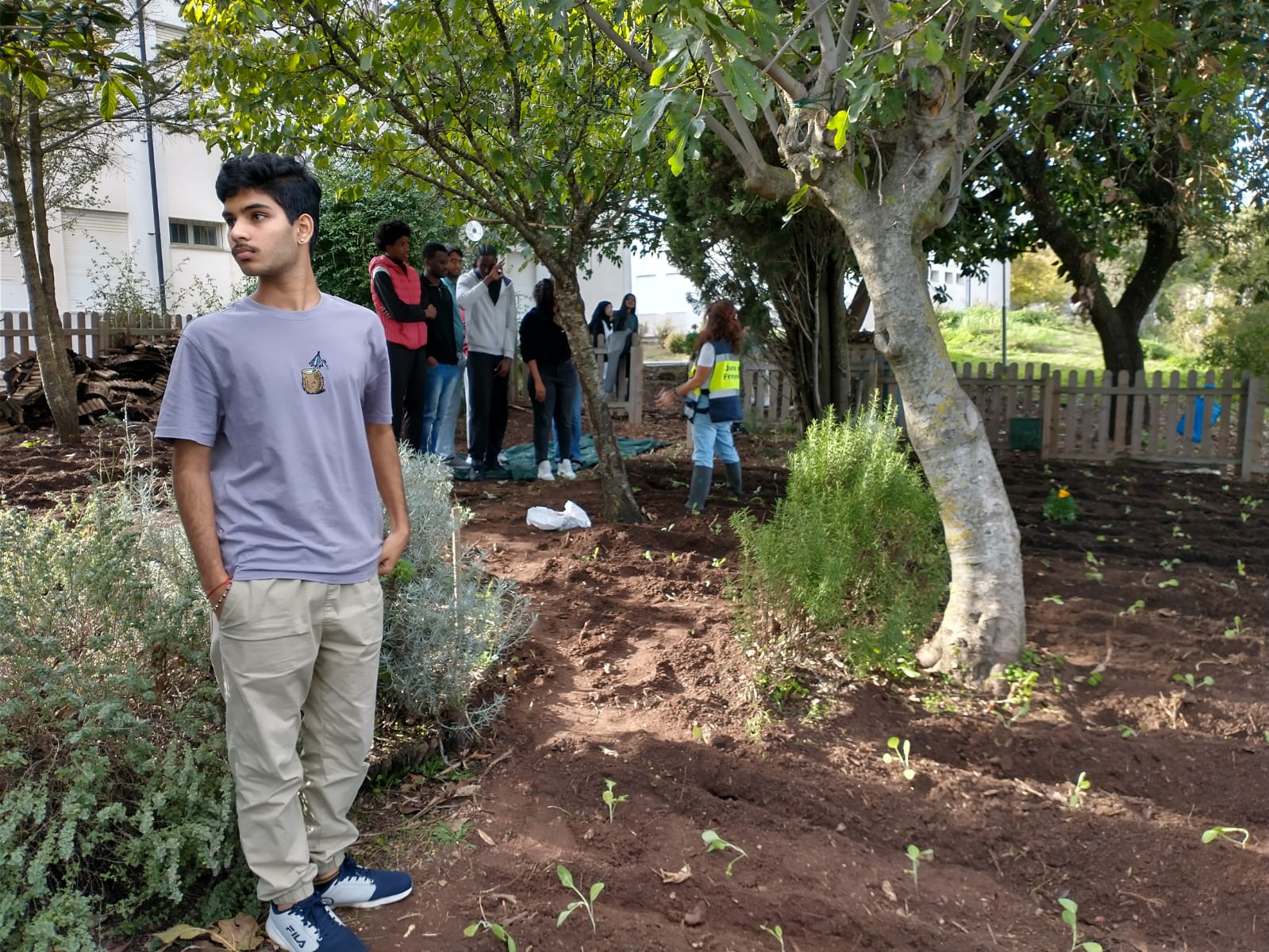 A participação dos alunos na plantação.