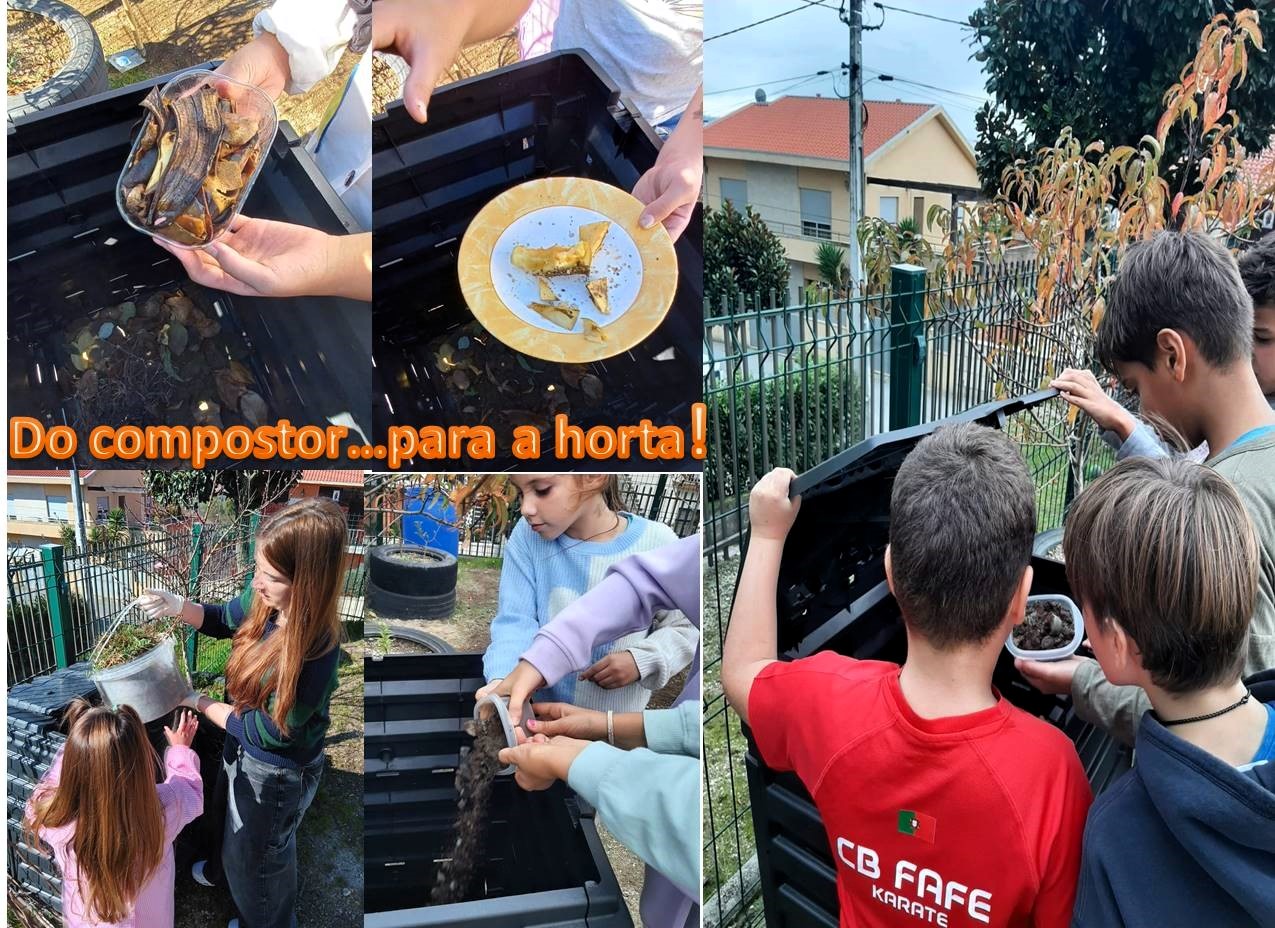 Restos/Cascas de fruta dos lanches; "borras" das cápsulas do café e restos de plantas são diariamente colocados na Compostagem. Servirá como adubagem mais lá para a frente.