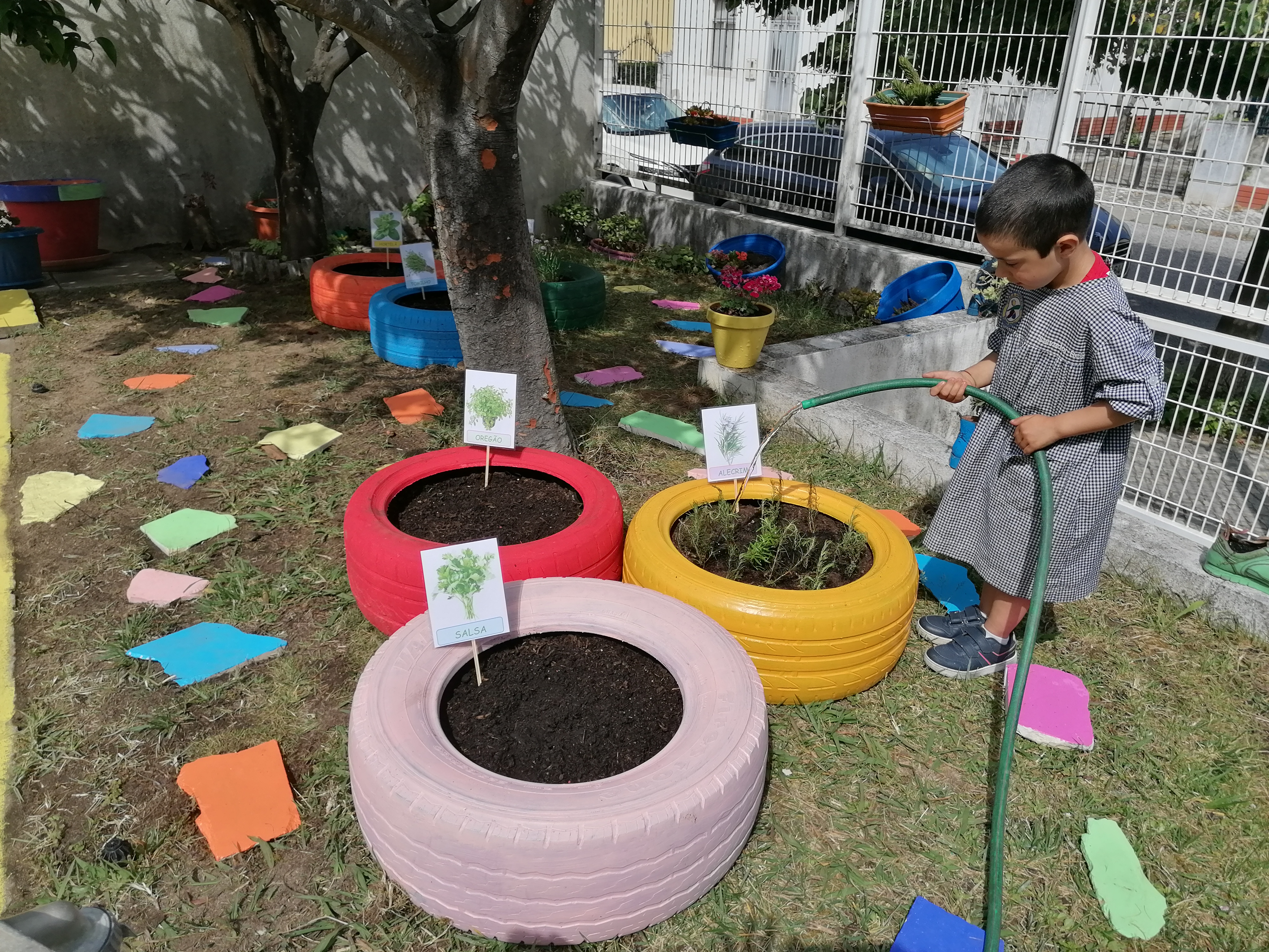 A regar os canteiros de ervas aromáticas que deram o mote ao projeto Caminhos Coloridos.